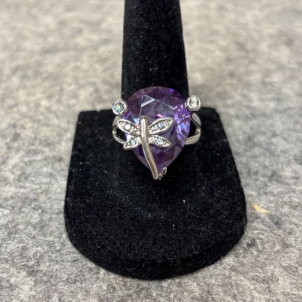 Purple Amethyst Glass Dragonfly Ring Pear Cut Rhinestone Silver Tone Size 7
